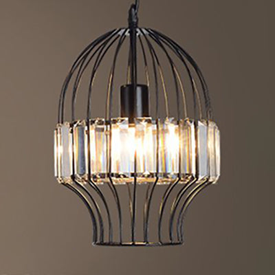 Crystal Block Pendant Ceiling Light Black Geometric Metal Cage Pendant Light