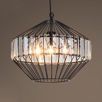 Crystal Block Pendant Ceiling Light Black Geometric Metal Cage Pendant Light