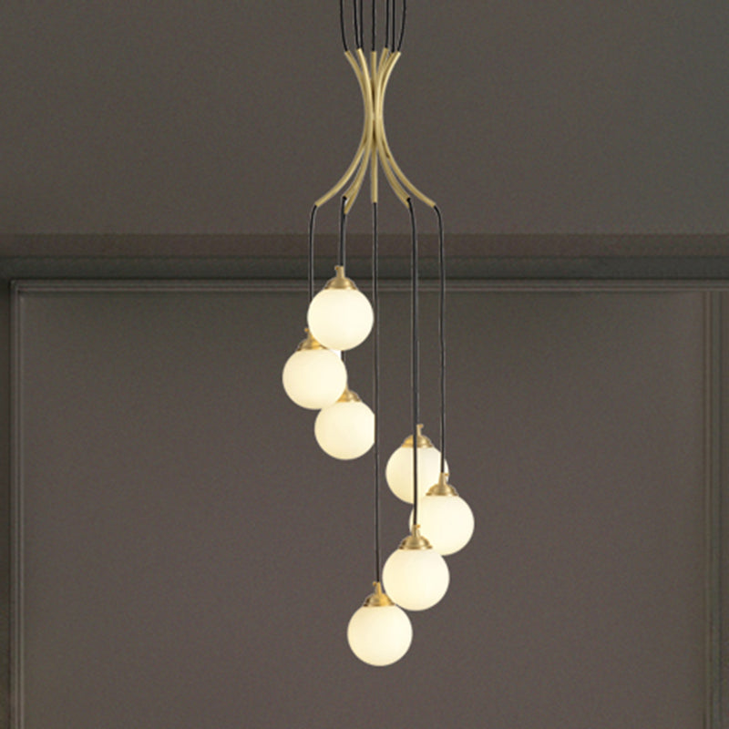 Globe Shade Pendant Light Contemporary Milk Glass Chandelier in Gold for Cafe Dining Table