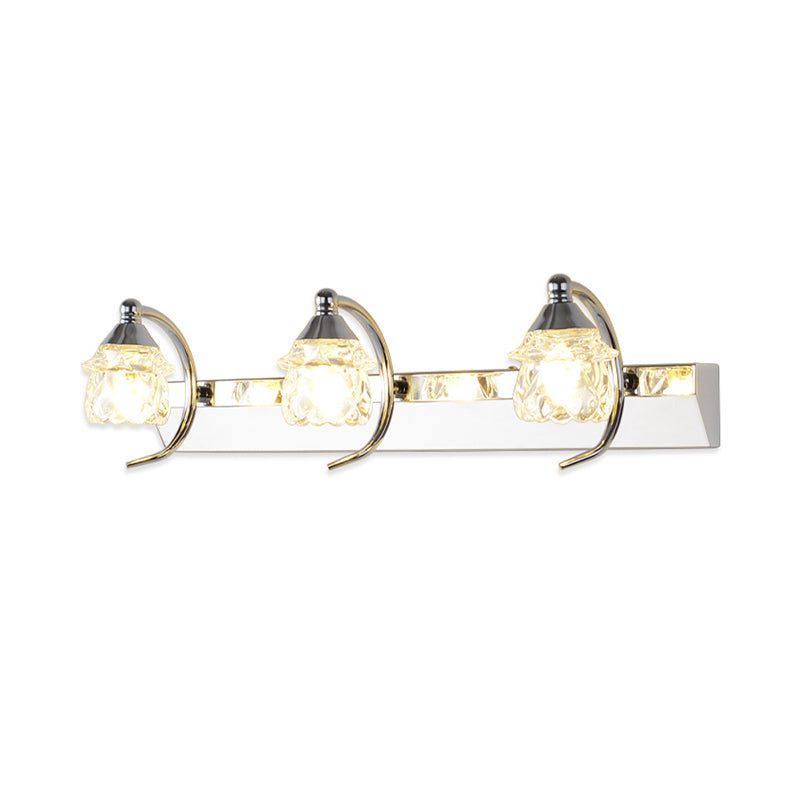 Moderno espejo de tocador de champiñones Cristal claro 3 luces Lámpara de pared de baño con brazo curvo en plata, luz cálida/blanca