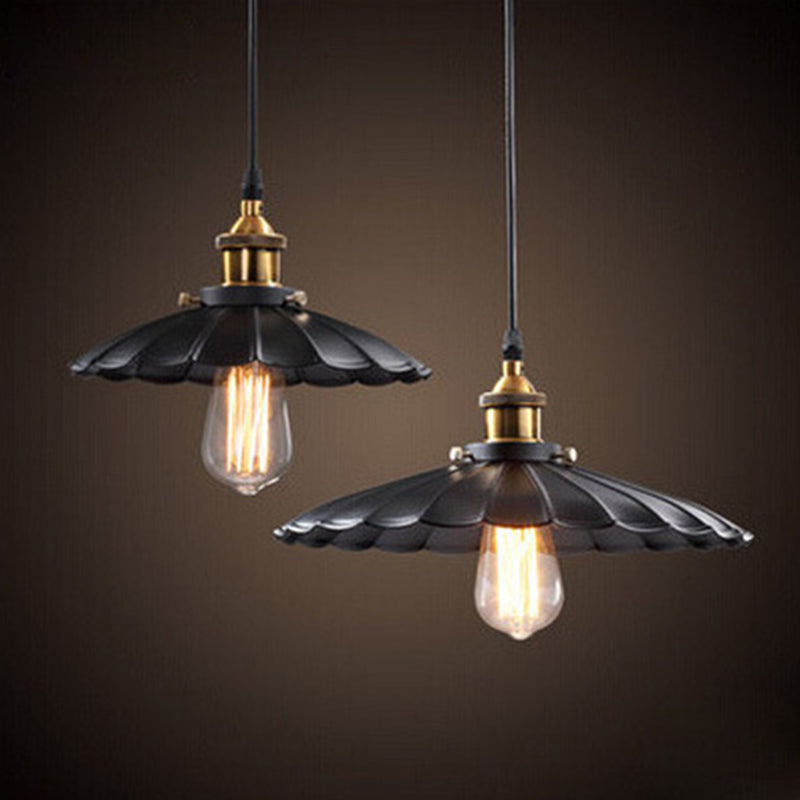 Scalloped Metal Pendant Lighting Farm Style Coffee Shop Hanging Light Kit in Black