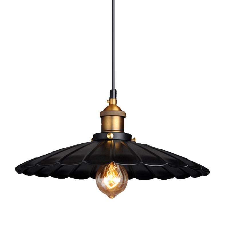 Scalloped Metal Pendant Lighting Farm Style Coffee Shop Hanging Light Kit in Black