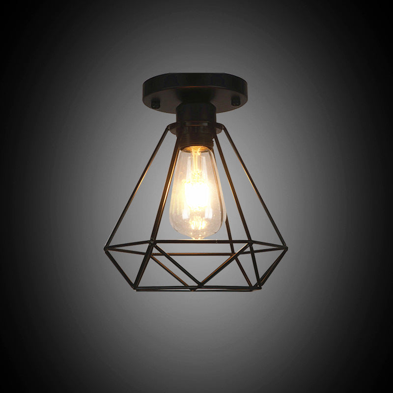 Metal Diamond Cage Semi Flush Mount Chandelier Loft Coffee Shop Semi Flush Pendant Light en noir