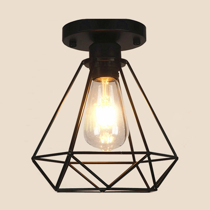 Metal Diamond Cage Semi Flush Mount Coffee Coffee Shop Semi Flush Light in Black