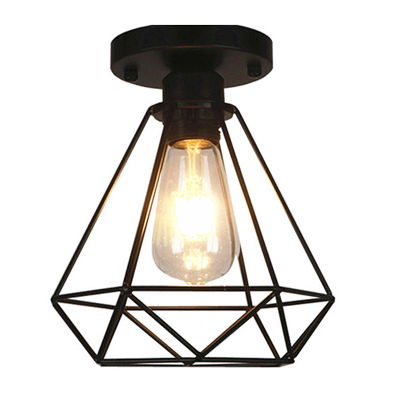 Metal Diamond Cage Semi Flush Mount Chandelier Loft Coffee Shop Semi Flush Pendant Light en noir