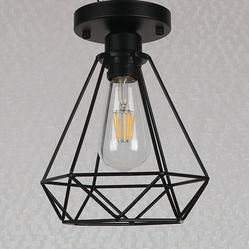 Metal Diamond Cage Semi Flush Mount Chandelier Loft Coffee Shop Semi Flush Pendant Light en noir