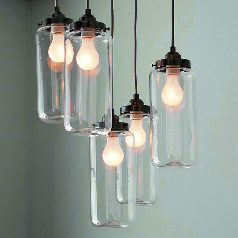 Black Cylinder Multi Pendant with Round Canopy Industrial Clear Glass 5-Light Coffee Shop Hanging Ceiling Light