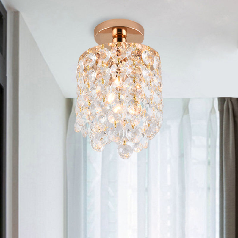 Cylindre d'or Mini Semi Flush Light Simplicité 1 Bulbe Crystal Flush Mount Plafond