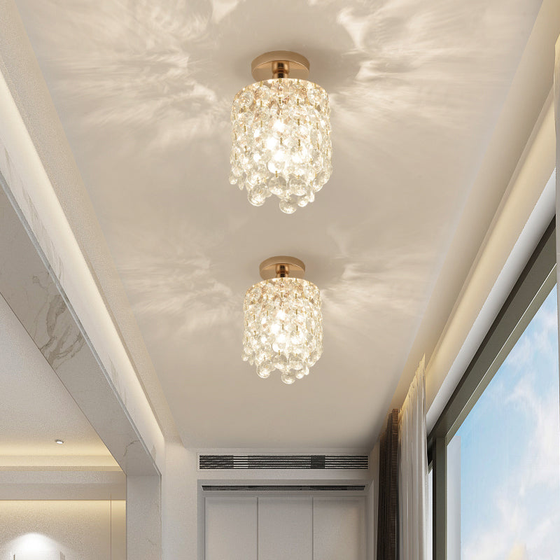 Cylindre d'or Mini Semi Flush Light Simplicité 1 Bulbe Crystal Flush Mount Plafond