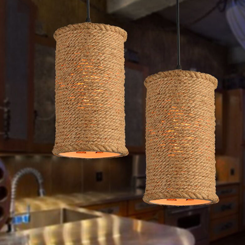 Beige Rural Retro Creative Pendant Lighting Rope Cylinder Pendant Lights for Restaurant