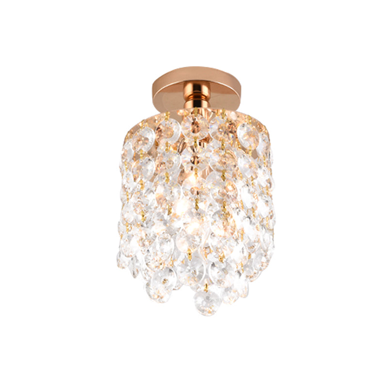 Cylindre d'or Mini Semi Flush Light Simplicité 1 Bulbe Crystal Flush Mount Plafond