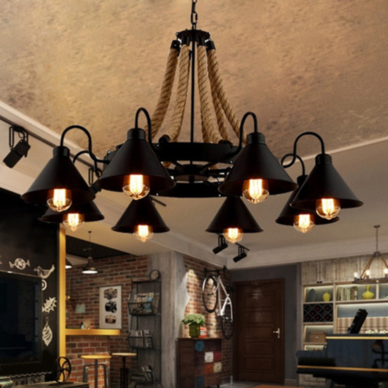 Industrial Art  Hanging Chandelier Light with Rope and Cone Metal Shade in Black