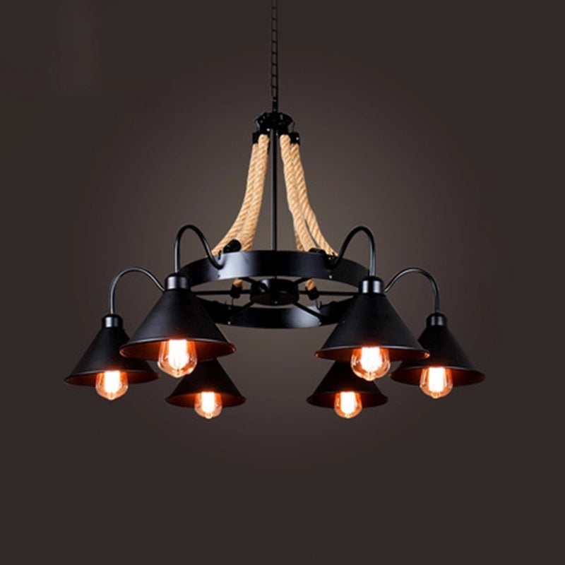 Industrial Art  Hanging Chandelier Light with Rope and Cone Metal Shade in Black