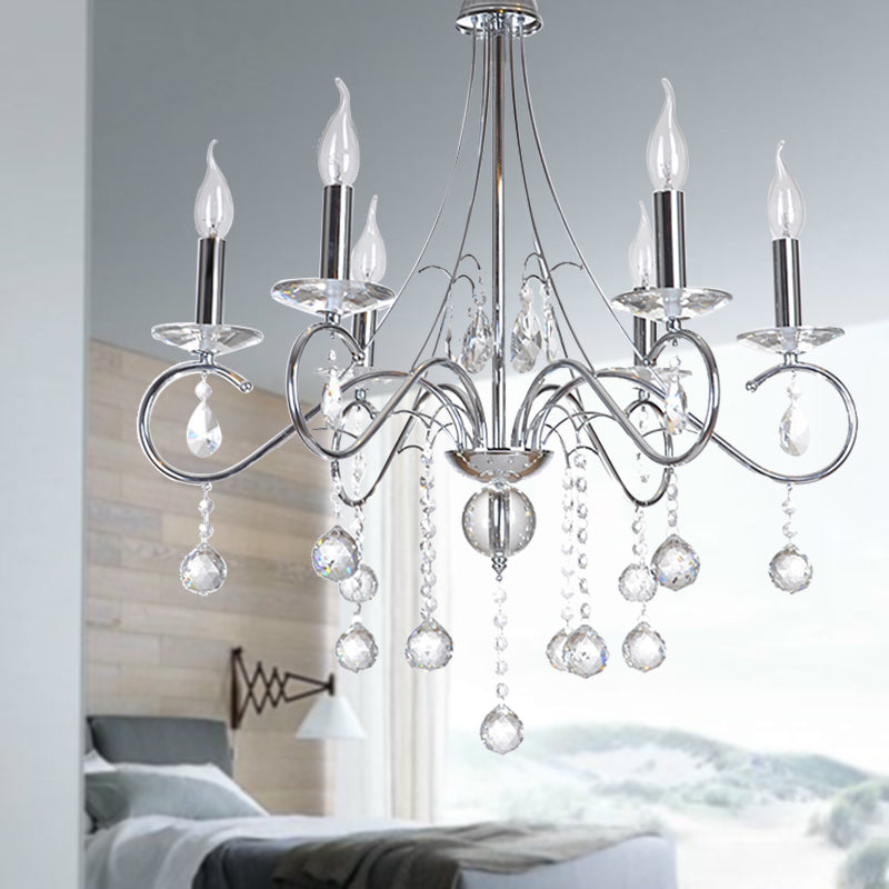 Candle Living Room Chandelier Lighting Traditional Metal 6 Heads Silver Hanging Light with Crystal Ball Decoration