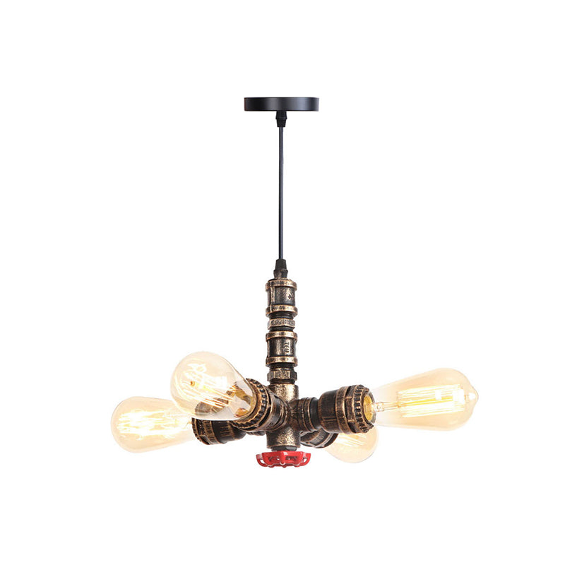 Water Pipe Chandelier Light Fixture in Rust Finish Industrial 4 Lights Industrial Edison Bulb Bar Cafe Shop Hanging Lamp