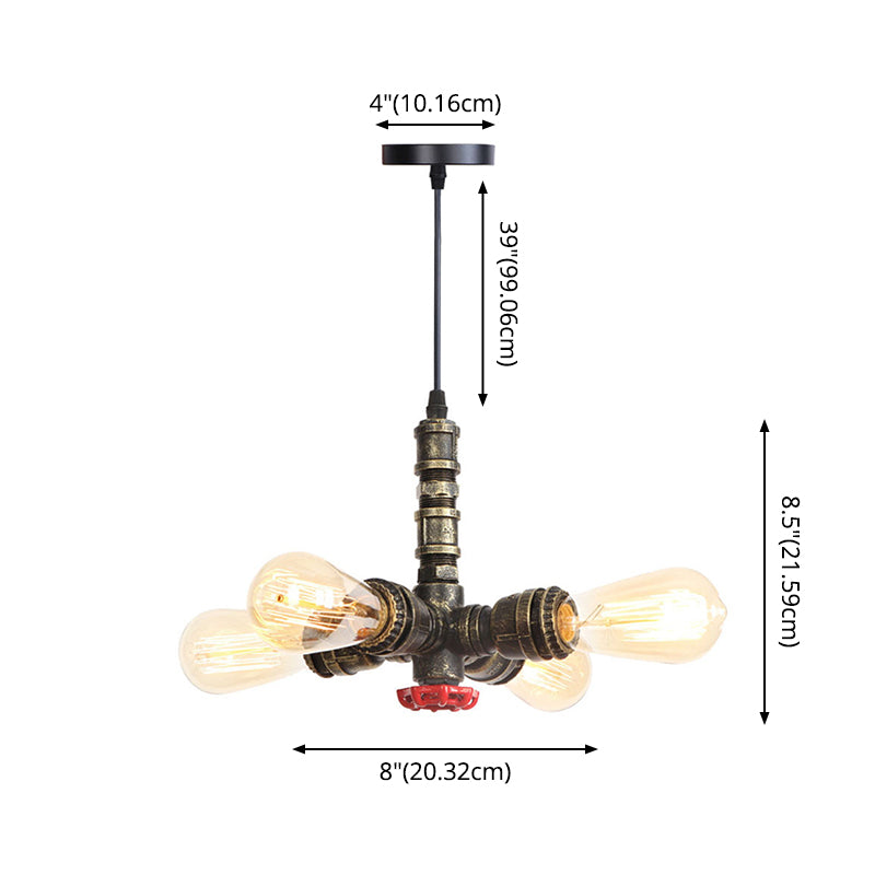 Water Pipe Chandelier Light Fixture in Rust Finish Industrial 4 Lights Industrial Edison Bulb Bar Cafe Shop Hanging Lamp