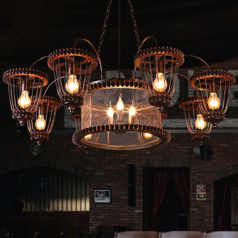 Wrought Iron Large Cage Chandelier Industrial Style Hanging Pendant Light Fixtures in Rust Finish