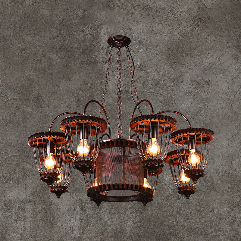 Wrought Iron Large Cage Chandelier Industrial Style Hanging Pendant Light Fixtures in Rust Finish