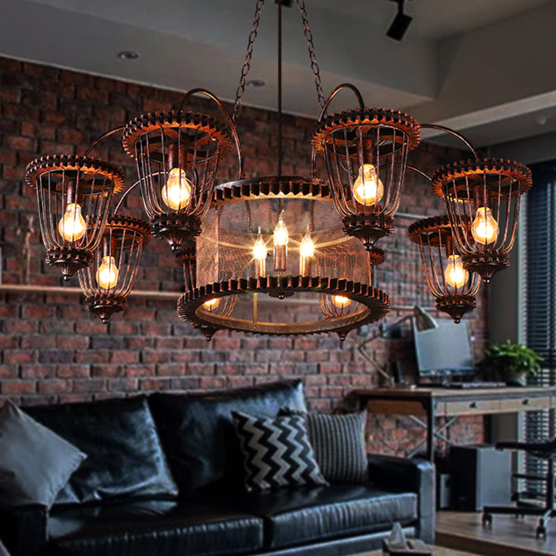 Wrought Iron Large Cage Chandelier Industrial Style Hanging Pendant Light Fixtures in Rust Finish