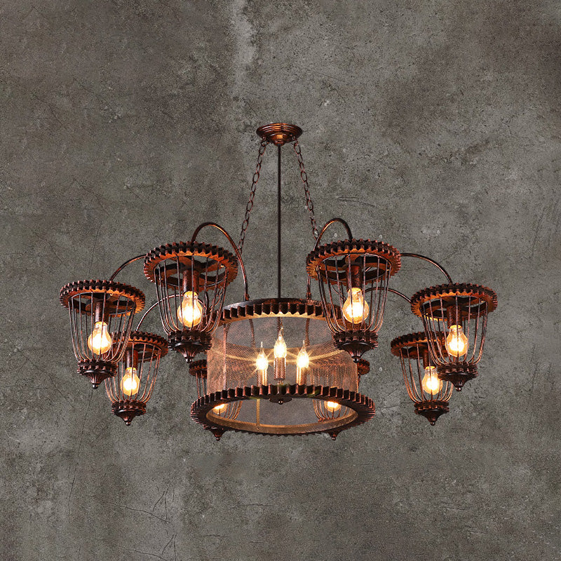 Wrought Iron Large Cage Chandelier Industrial Style Hanging Pendant Light Fixtures in Rust Finish