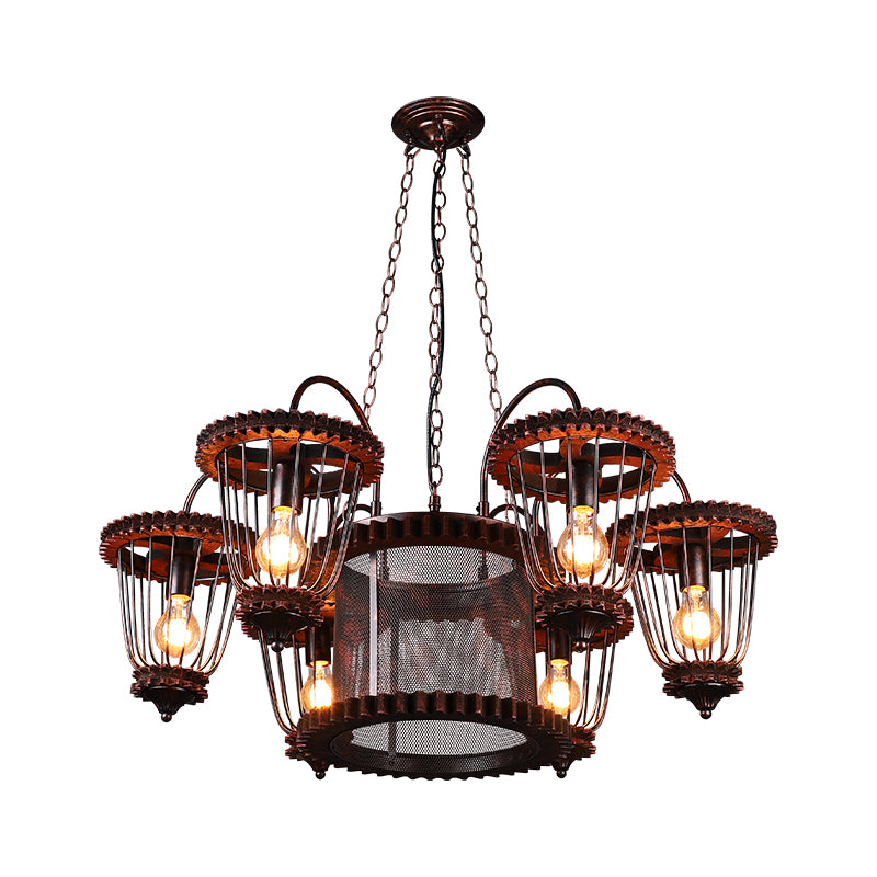 Wrought Iron Large Cage Chandelier Industrial Style Hanging Pendant Light Fixtures in Rust Finish