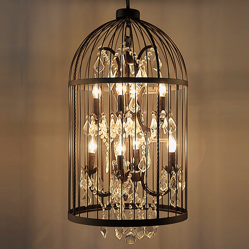 Lámparas de lámparas de estilo industrial retro de hierro forjado de 8 luces en forma de jaula lámpara colgante con colgante decorativo de cristal