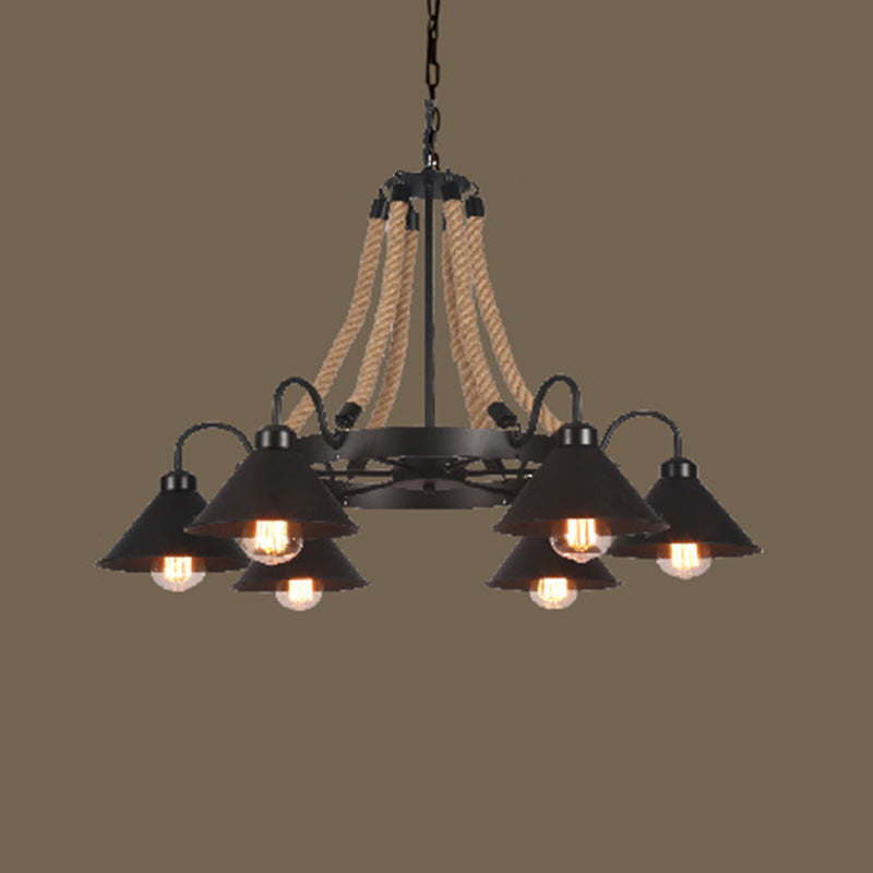 Vintage Industrial Style Large Chandelier with Rope and Cone Metal Shade Coffee Shop Hanging Pendant Light