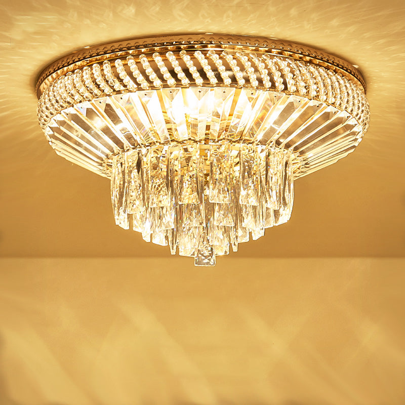 Dubbellaags Dicht bij Plafondlamp Hedendaagse Crystal 6 Lights Slaapkamer Flush Mount Fixture in Goud