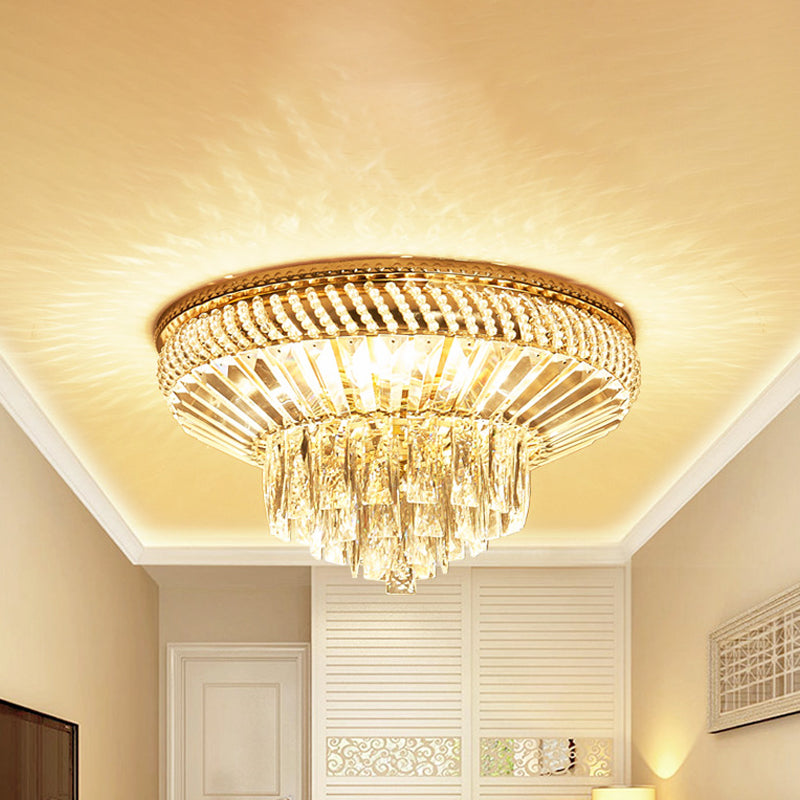 Double-Layered Close to Ceiling Light Contemporary Crystal 6 Lumière Chambre Flush Mount Fixture in Gold