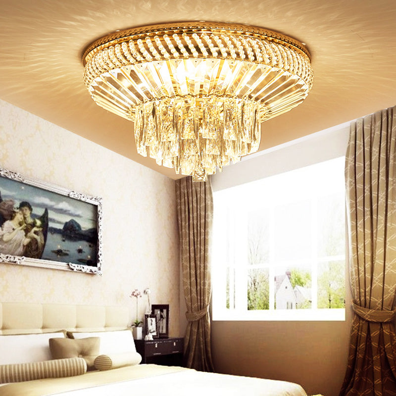 Dubbellaags Dicht bij Plafondlamp Hedendaagse Crystal 6 Lights Slaapkamer Flush Mount Fixture in Goud