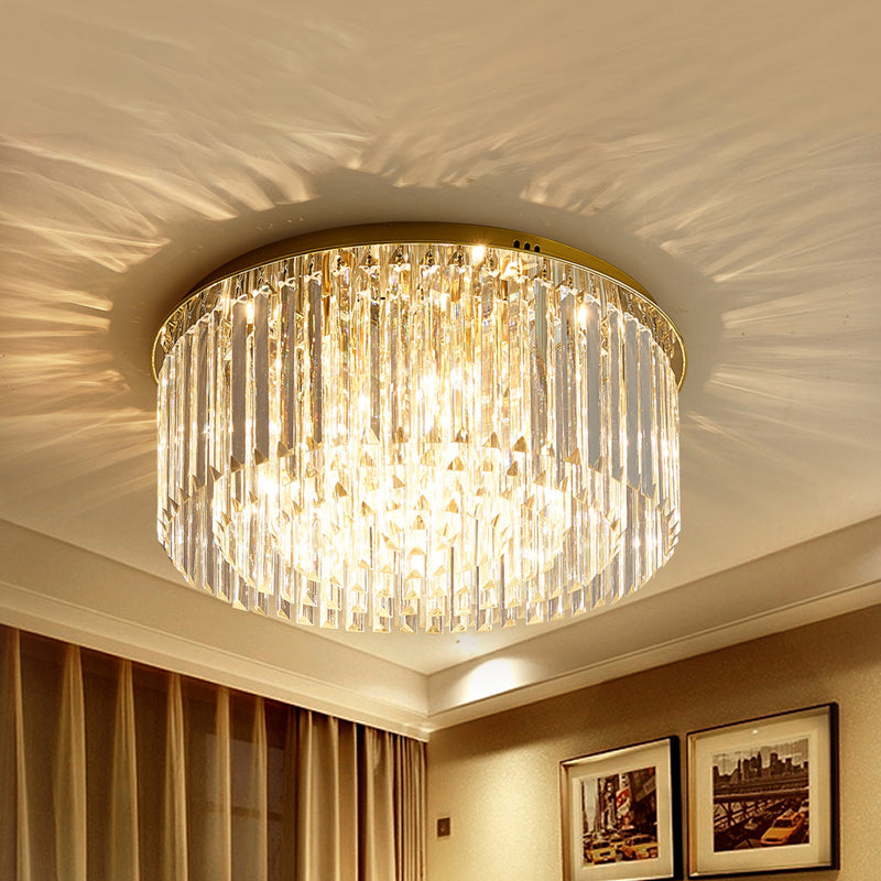 6-Light Dining Room Flush Light Contemporary Golden Ceiling Lamp with Round Crystal Shade