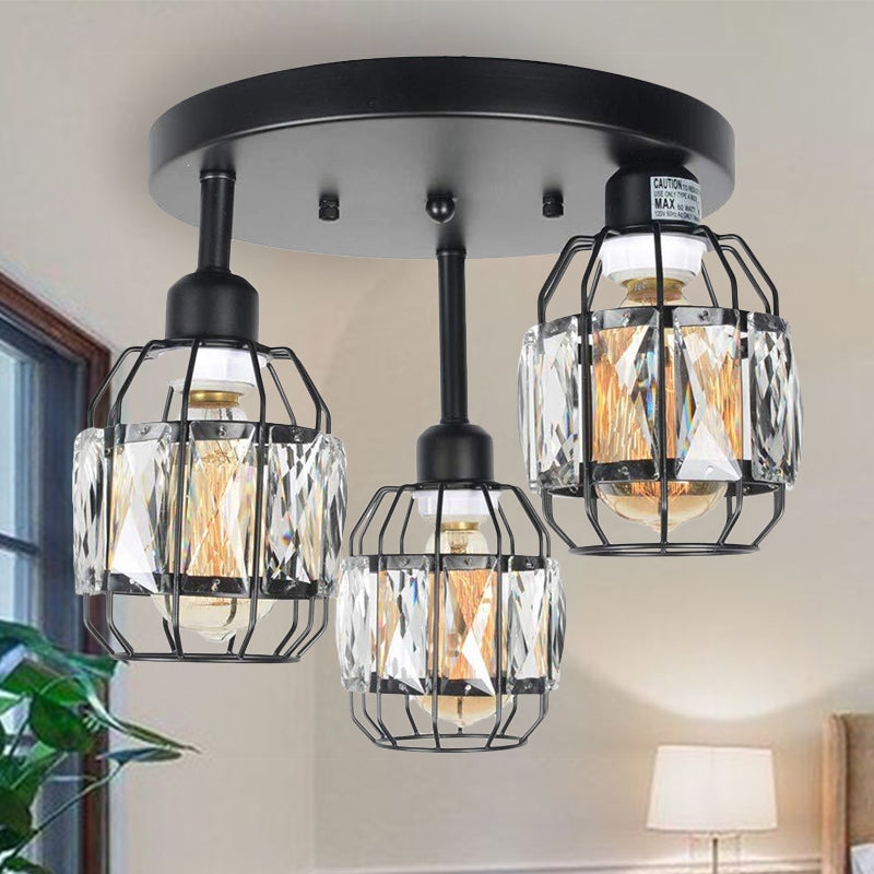 Traditional Cup Shape Flush Ceiling Lamp Iron Frame 3-Light Black Semi Flushmount Lighting with Crystal Accent