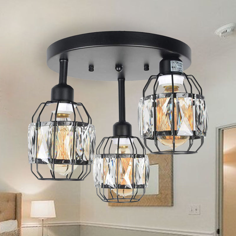 Traditional Cup Shape Flush Ceiling Lamp Iron Frame 3-Light Black Semi Flushmount Lighting with Crystal Accent