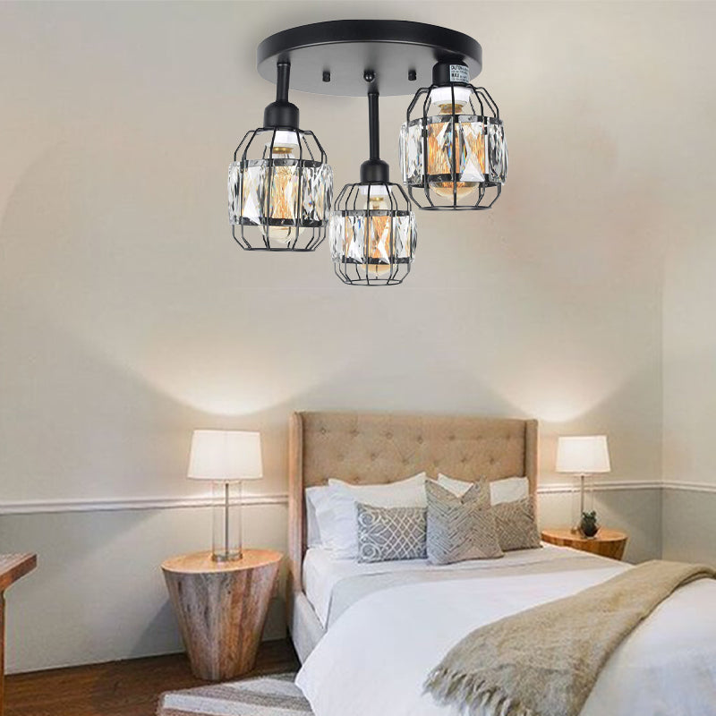 Traditional Cup Shape Flush Ceiling Lamp Iron Frame 3-Light Black Semi Flushmount Lighting with Crystal Accent