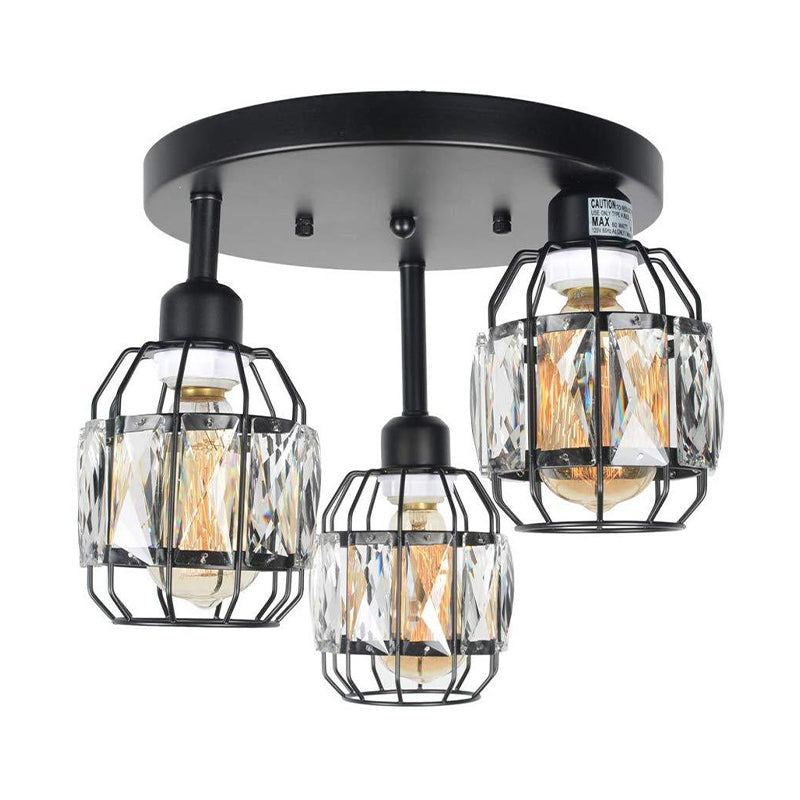 Traditional Cup Shape Flush Ceiling Lamp Iron Frame 3-Light Black Semi Flushmount Lighting with Crystal Accent