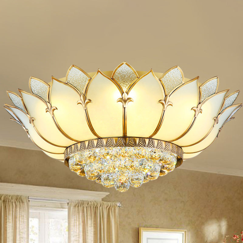 Prismatic Glass Lotus Flush Mount Chinese Style 5 Lights White Ceiling Light Fixture with Crystal Finial