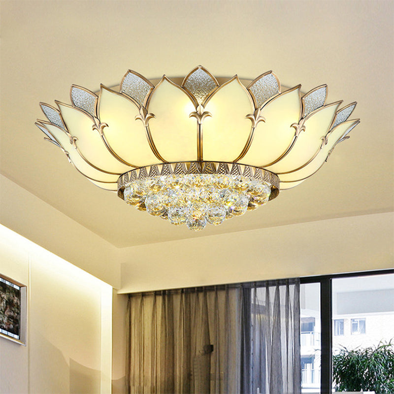 Prismatic Glass Lotus Flush Mount Chinese Style 5 Lights White Ceiling Light Fixture with Crystal Finial