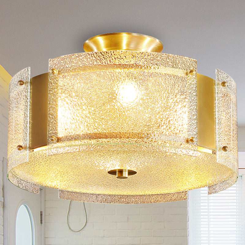 Golden Semi Flush Drum Light Simplicity 4-Light Water Glass Ceiling Mounted Fixture