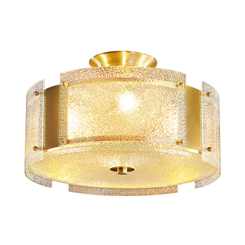 Golden Semi Flush Drum Light Simplicity 4-Light Water Glass Ceiling Mounted Fixture