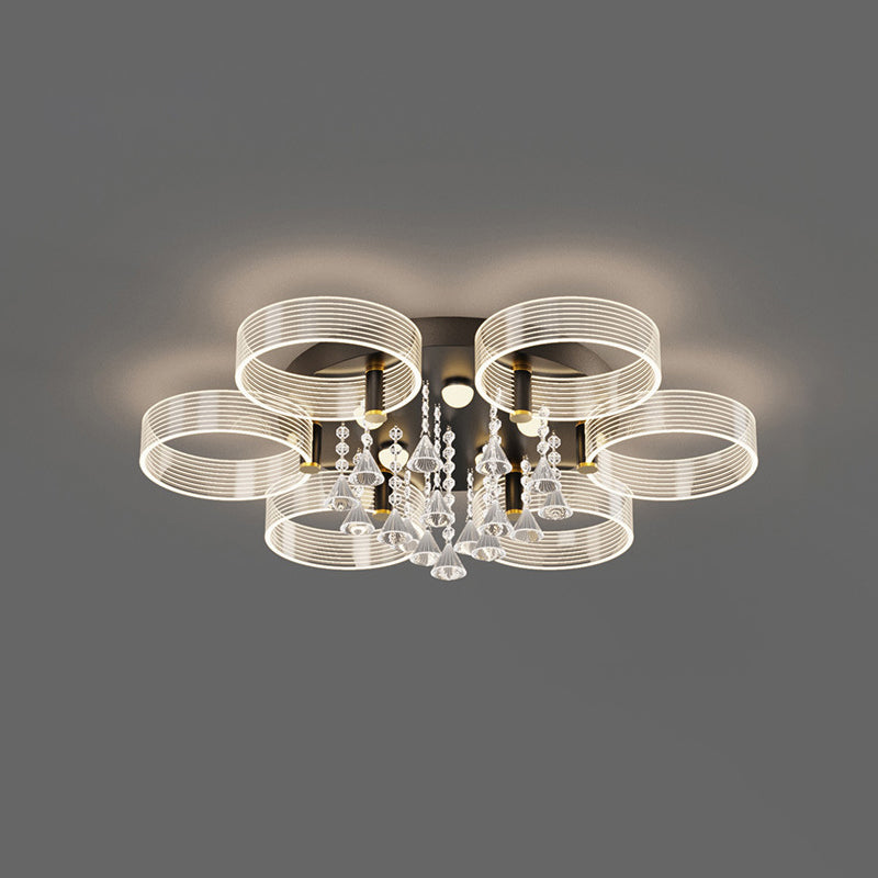 Acrylic Round Semi Mount Lighting Modern Black-Gold LED Ceiling Light with Flower Design