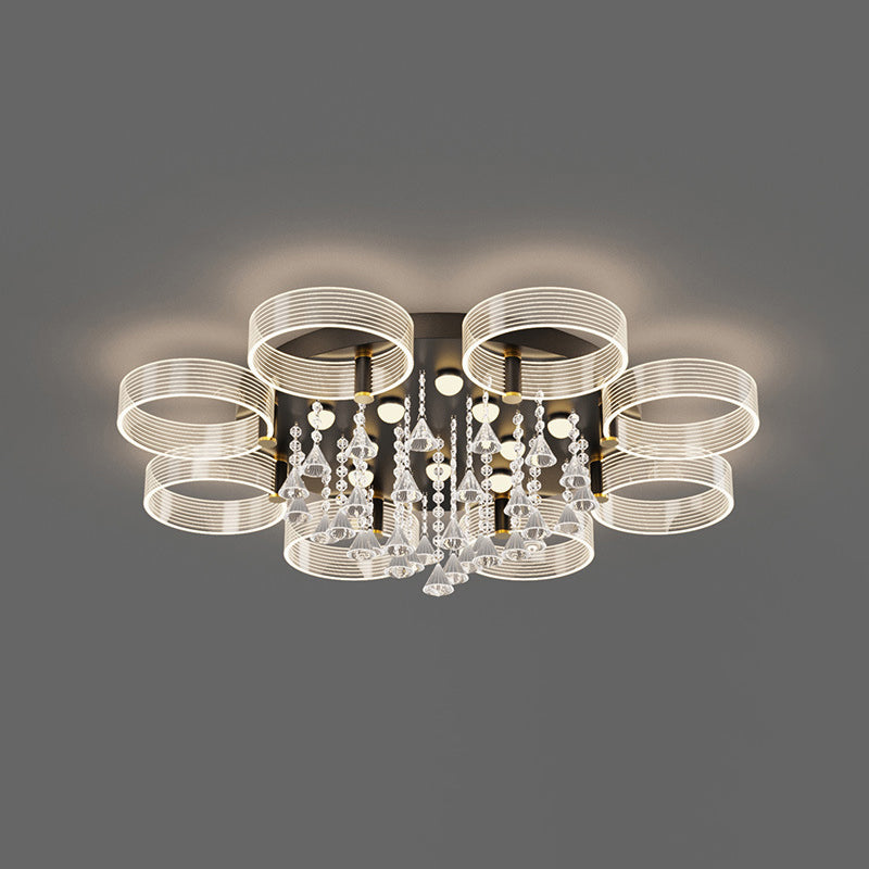 Acrylic Round Semi Mount Lighting Modern Black-Gold LED Ceiling Light with Flower Design