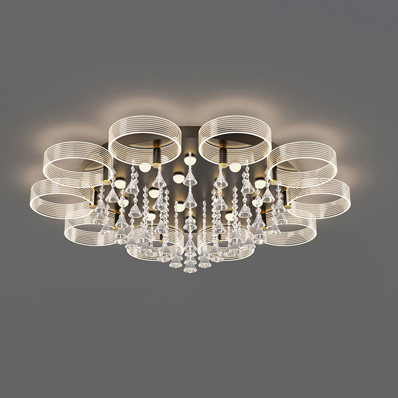 Acrylic Round Semi Mount Lighting Modern Black-Gold LED Ceiling Light with Flower Design