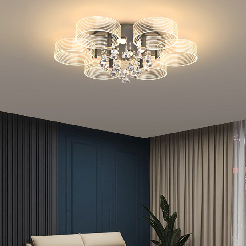 Acrylic Round Semi Mount Lighting Modern Black-Gold LED Ceiling Light with Flower Design