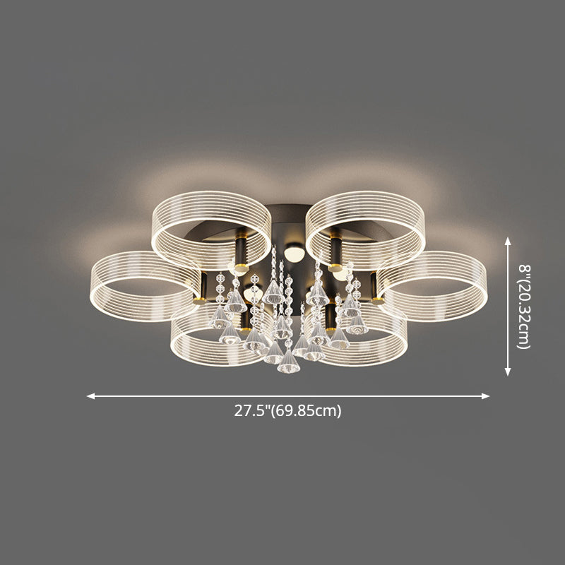 Acrylic Round Semi Mount Lighting Modern Black-Gold LED Ceiling Light with Flower Design