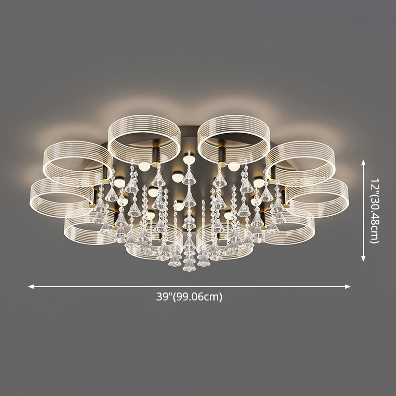 Acrylic Round Semi Mount Lighting Modern Black-Gold LED Ceiling Light with Flower Design