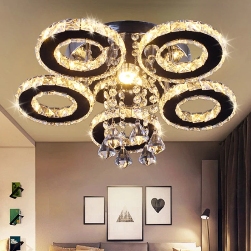 Floral Crystal Semi Flush Ceiling Light Modern Stainless Steel LED Flush Mount Fixture for Bedroom