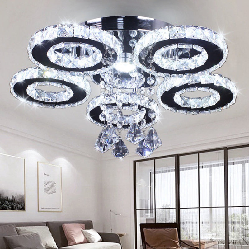 Floral Crystal Semi Flush Ceiling Light Modern Stainless Steel LED Flush Mount Fixture for Bedroom