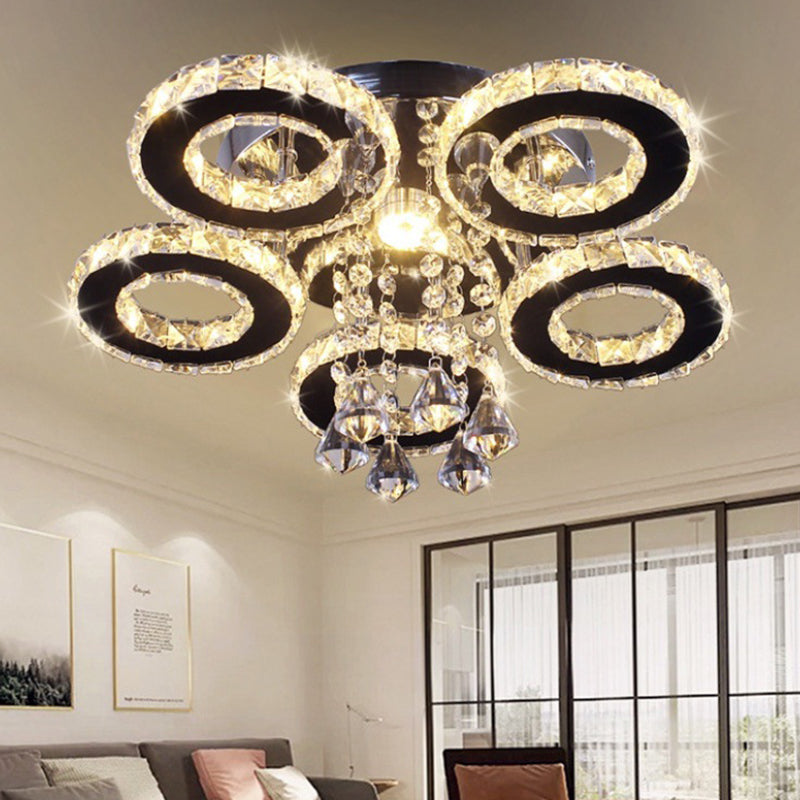 Floral Crystal Semi Flush Ceiling Light Modern Stainless Steel LED Flush Mount Fixture for Bedroom