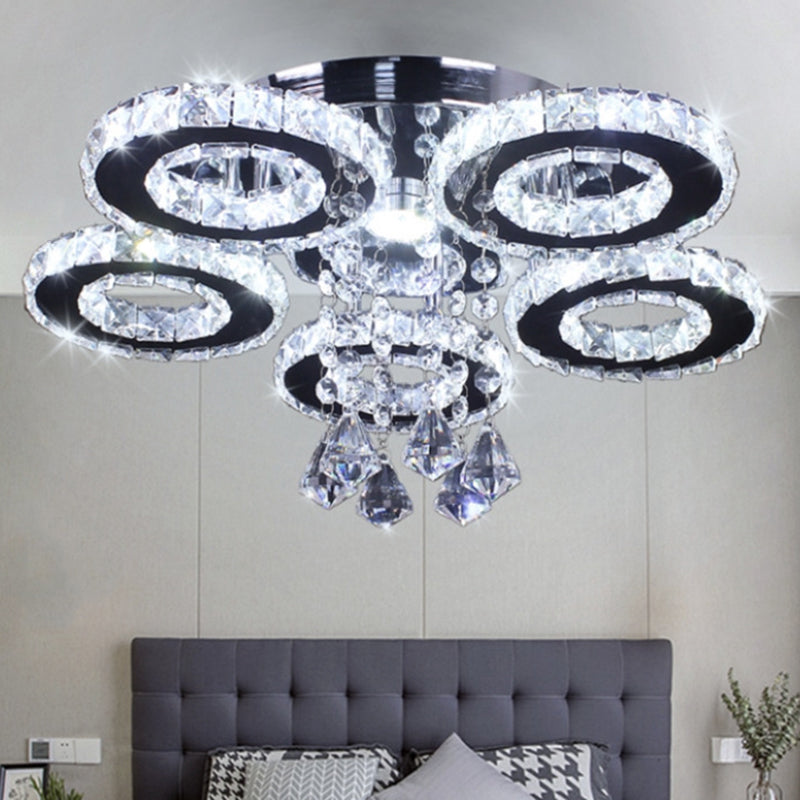 Floral Crystal Semi Flush Ceiling Light Modern Stainless Steel LED Flush Mount Fixture for Bedroom