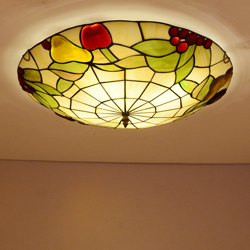 Green Flush Mount Ceiling Fixture Tiffany Cut Glass Bowl Flush Lamp with Fruit Pattern